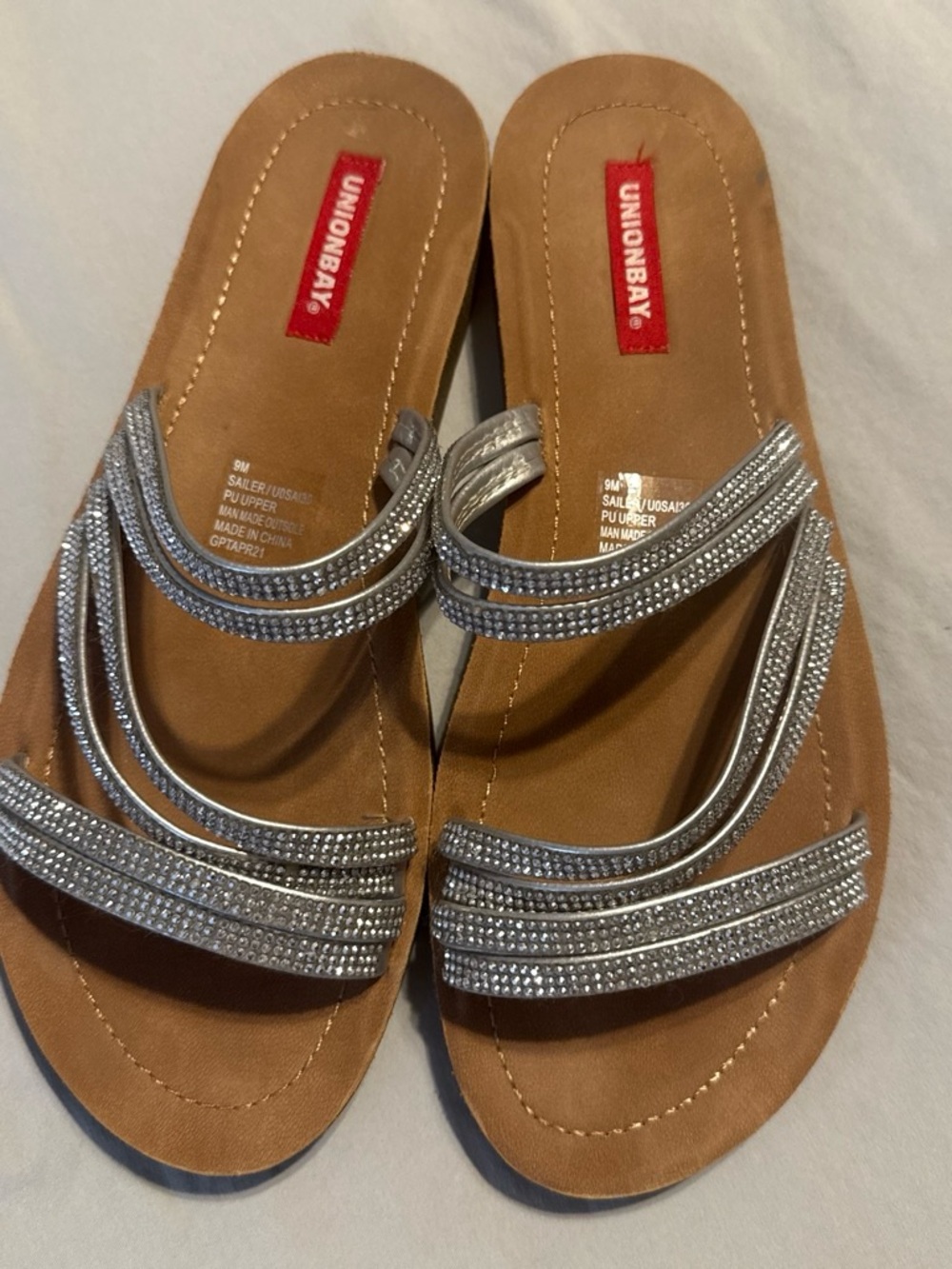 UNIONBAY Silver Rhinestone Multi-Strap Slide Sandals